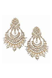 Gold Finish Kundan Polki & White Beaded Chandbali Earrings