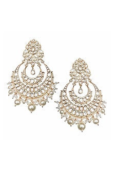 Gold Finish Kundan Polki & White Beaded Chandbali Earrings