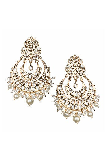 Gold Finish Kundan Polki & White Beaded Chandbali Earrings