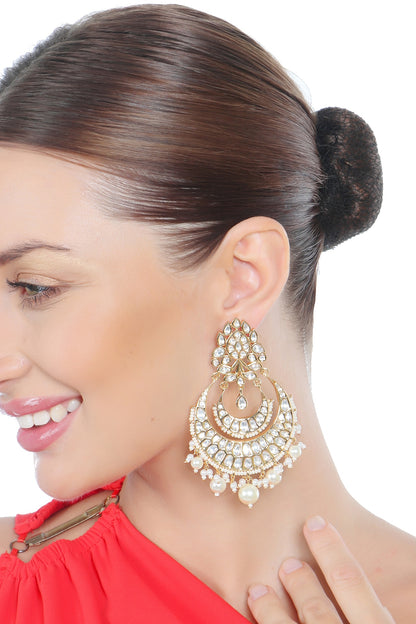 Gold Finish Kundan Polki & White Beaded Chandbali Earrings