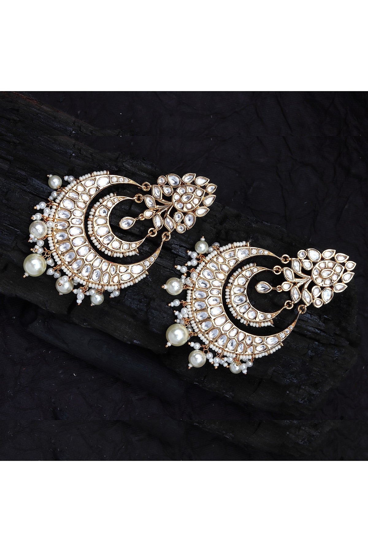 Gold Finish Kundan Polki & White Beaded Chandbali Earrings