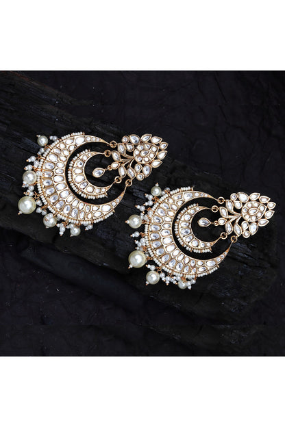 Gold Finish Kundan Polki & White Beaded Chandbali Earrings