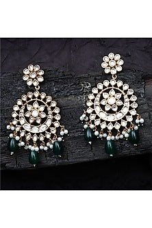 Gold Finish Kundan Polki & Green Beaded Chandbali Earrings