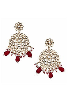 Gold Finish Kundan Polki & Red Beaded Chandbali Earrings