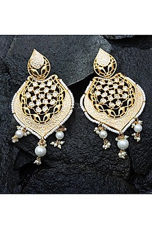 Gold Finish Kundan Polki & White Beaded Meenakari Dangler Earrings