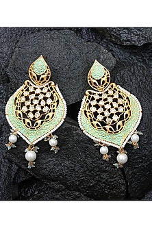 Gold Finish Kundan Polki & White Beaded Meenakari Dangler Earrings