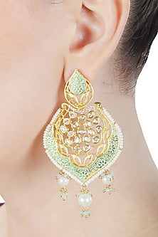 Gold Finish Kundan Polki & White Beaded Meenakari Dangler Earrings
