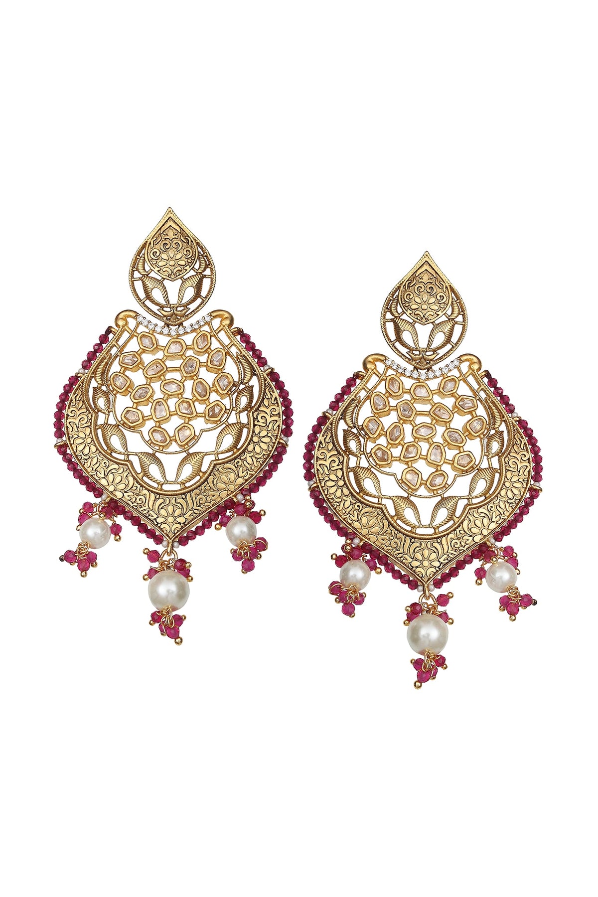 Gold Finish Red Kundan Polki & Beaded Meenakari Dangler Earrings