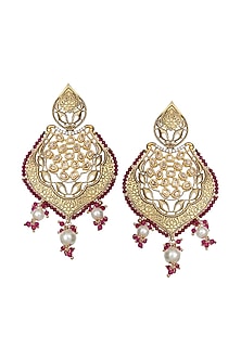 Gold Finish Red Kundan Polki & Beaded Meenakari Dangler Earrings