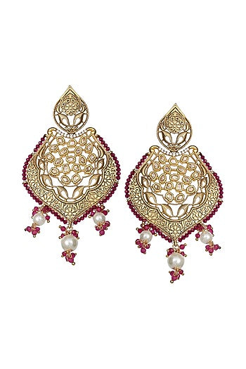 Gold Finish Red Kundan Polki & Beaded Meenakari Dangler Earrings