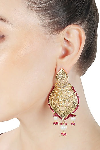 Gold Finish Red Kundan Polki & Beaded Meenakari Dangler Earrings