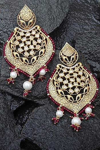 Gold Finish Red Kundan Polki & Beaded Meenakari Dangler Earrings