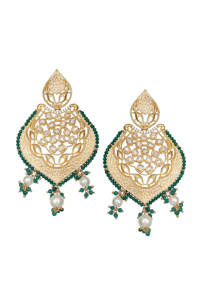 Gold Finish Green Kundan Polki & Beaded Meenakari Dangler Earrings
