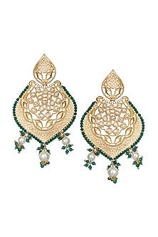 Gold Finish Green Kundan Polki & Beaded Meenakari Dangler Earrings