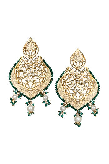 Gold Finish Green Kundan Polki & Beaded Meenakari Dangler Earrings