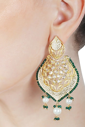 Gold Finish Green Kundan Polki & Beaded Meenakari Dangler Earrings