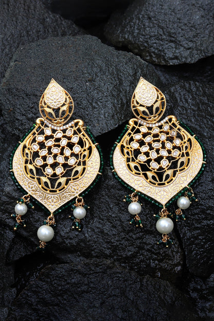Gold Finish Green Kundan Polki & Beaded Meenakari Dangler Earrings