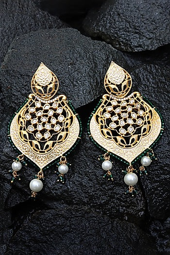 Gold Finish Green Kundan Polki & Beaded Meenakari Dangler Earrings