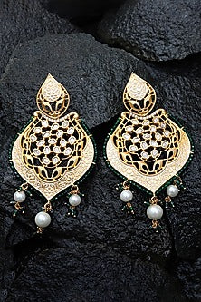 Gold Finish Green Kundan Polki & Beaded Meenakari Dangler Earrings