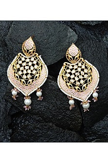 Gold Finish White Kundan Polki & Beaded Meenakari Dangler Earrings