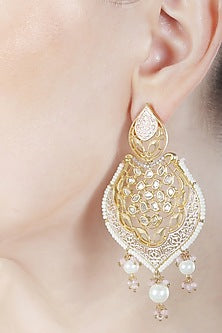 Gold Finish White Kundan Polki & Beaded Meenakari Dangler Earrings
