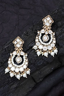 Gold Finish White Kundan Polki & Beaded Chandbali Earrings