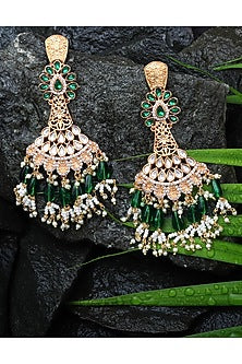 Gold Finish Green Kundan Polki & White Beaded Dangler Earrings