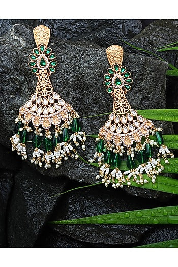 Gold Finish Green Kundan Polki & White Beaded Dangler Earrings