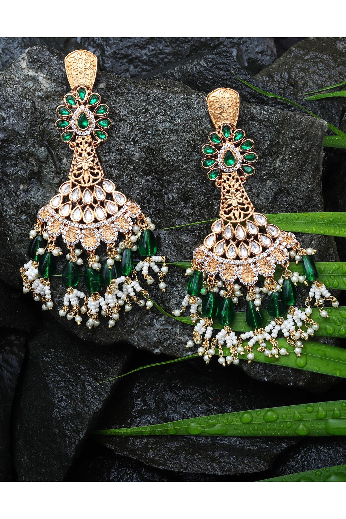 Gold Finish Green Kundan Polki & White Beaded Dangler Earrings