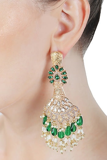 Gold Finish Green Kundan Polki & White Beaded Dangler Earrings