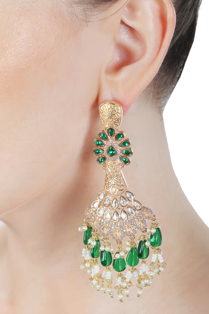 Gold Finish Green Kundan Polki & White Beaded Dangler Earrings