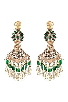 Gold Finish Green Kundan Polki & White Beaded Dangler Earrings