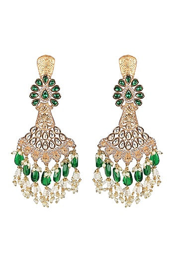Gold Finish Green Kundan Polki & White Beaded Dangler Earrings