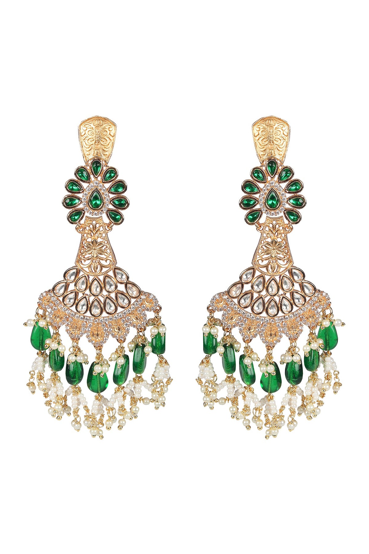 Gold Finish Green Kundan Polki & White Beaded Dangler Earrings