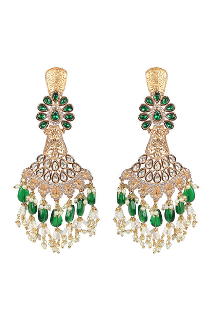 Gold Finish Green Kundan Polki & White Beaded Dangler Earrings