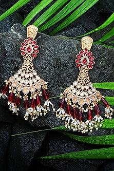 Gold Finish Rani Pink Kundan Polki & White Beaded Dangler Earrings