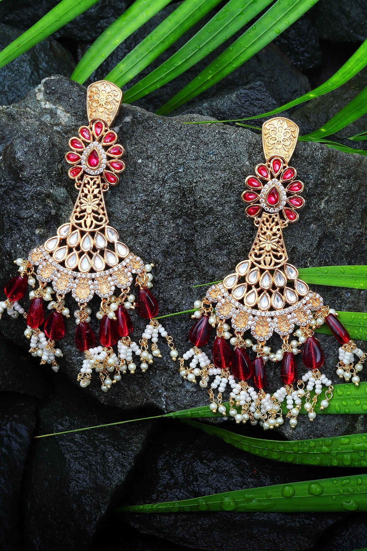 Gold Finish Rani Pink Kundan Polki & White Beaded Dangler Earrings