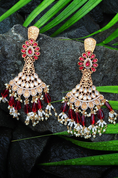 Gold Finish Rani Pink Kundan Polki & White Beaded Dangler Earrings