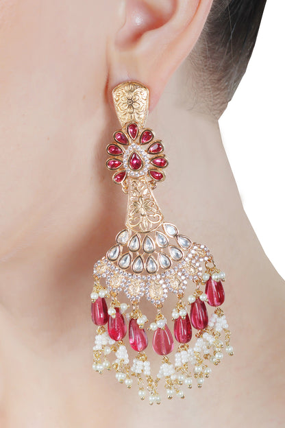 Gold Finish Rani Pink Kundan Polki & White Beaded Dangler Earrings