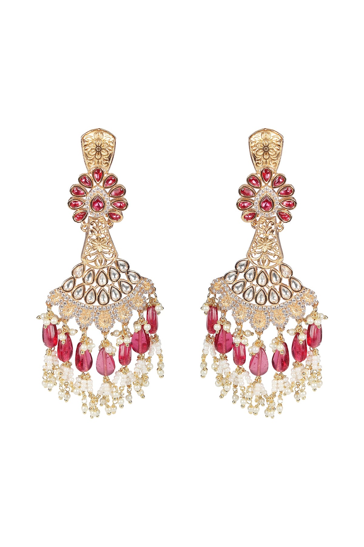 Gold Finish Rani Pink Kundan Polki & White Beaded Dangler Earrings