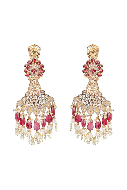 Gold Finish Rani Pink Kundan Polki & White Beaded Dangler Earrings