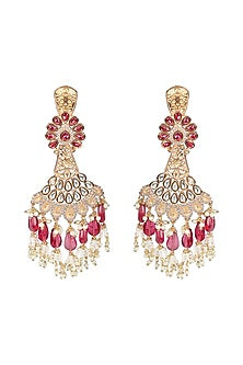 Gold Finish Rani Pink Kundan Polki & White Beaded Dangler Earrings