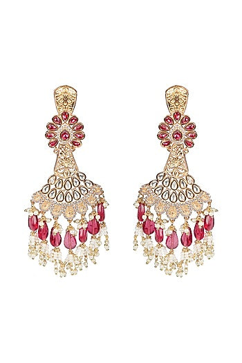Gold Finish Rani Pink Kundan Polki & White Beaded Dangler Earrings