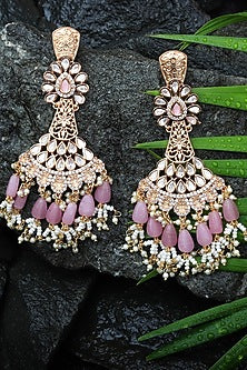 Gold Finish Pink Kundan Polki & White Beaded Dangler Earrings