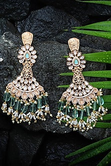 Gold Finish Kundan Polki & Mint Beaded Dangler Earrings