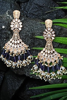 Gold Finish Kundan Polki & Purple Beaded Dangler Earrings
