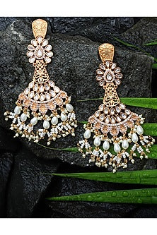Gold Finish Kundan Polki & White Beaded Dangler Earrings