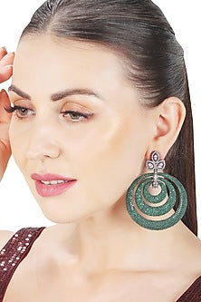 White Finish Emerald Green Cubic Zirconia Concentric Hoop Earrings