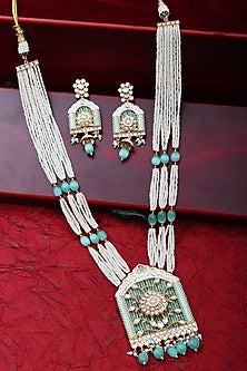 Gold Finish Beaded & Kundan Polki Meenakari Mala Set