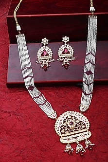 Gold Finish Beaded & Kundan Polki Meenakari Mala Set